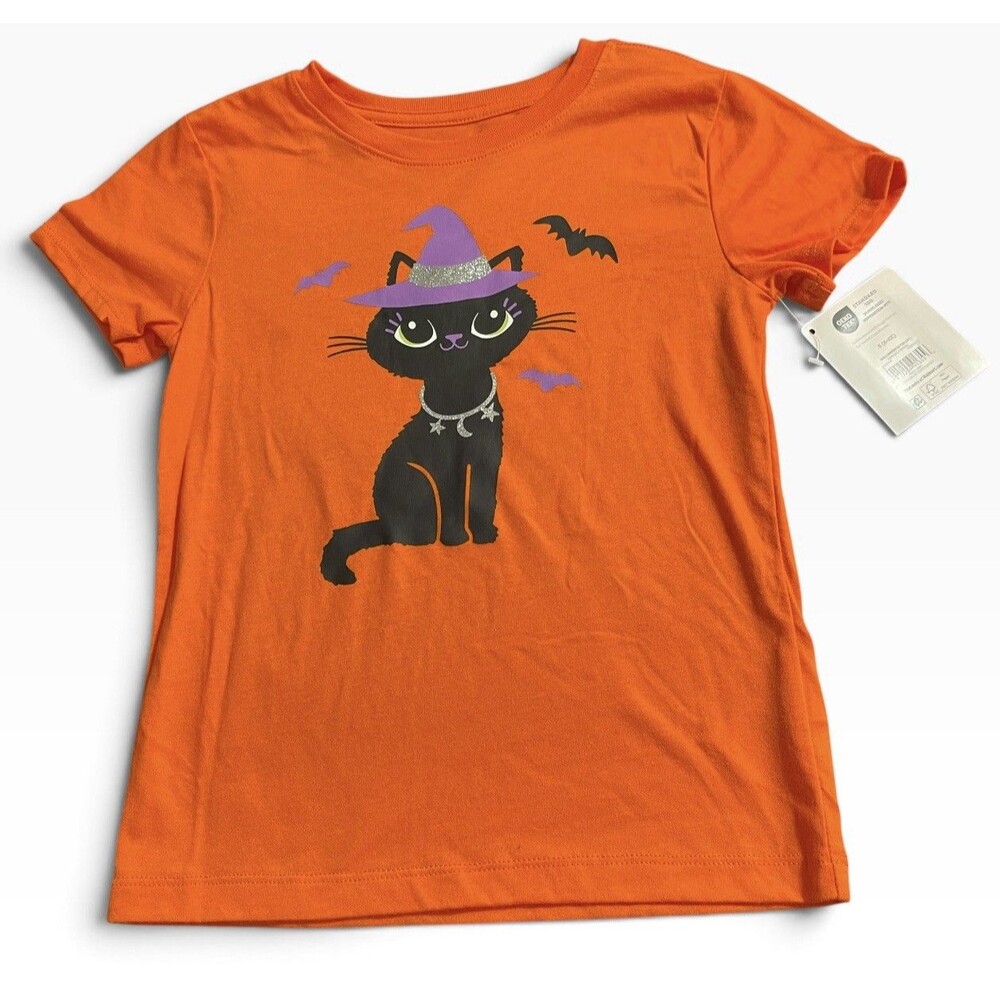 Halloween Girls’s Short Sleeve Orange Black Cat Shirt New Size 6-6x